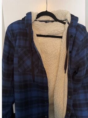 Blue Plaid Sherpa-Lined Hooded Jacket